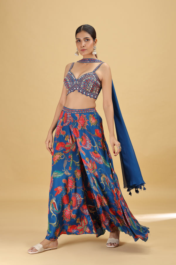 Blue Raw Silk Suit Set with Mirror, Sequins & Pearl Work