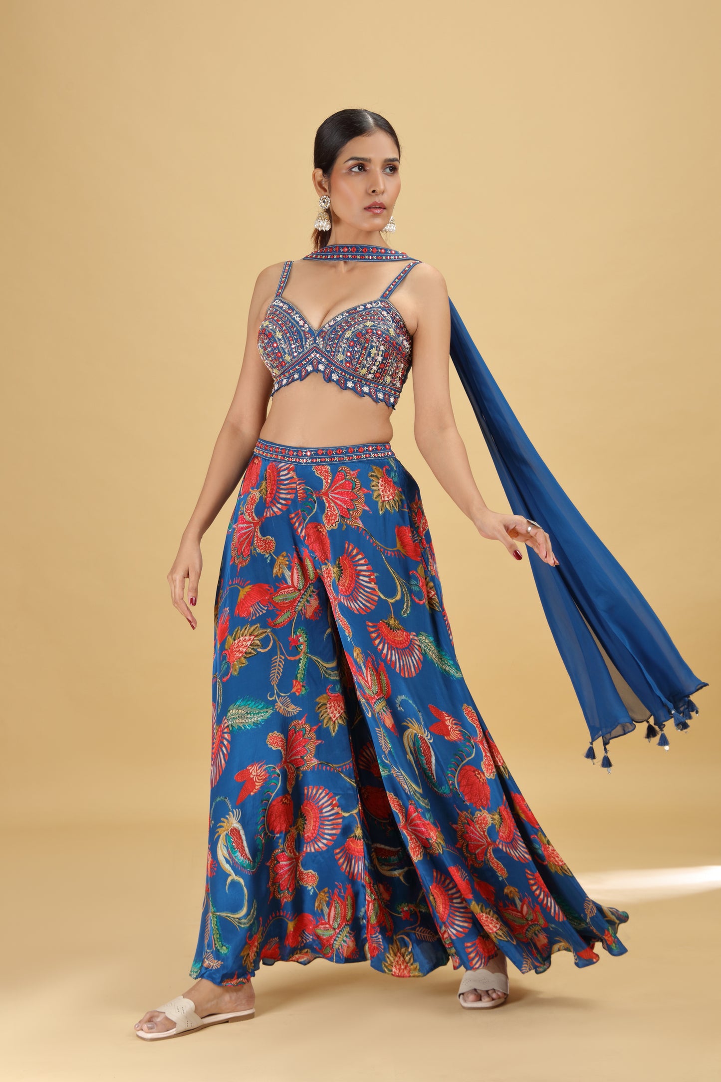 Blue Raw Silk Suit Set with Mirror, Sequins & Pearl Work