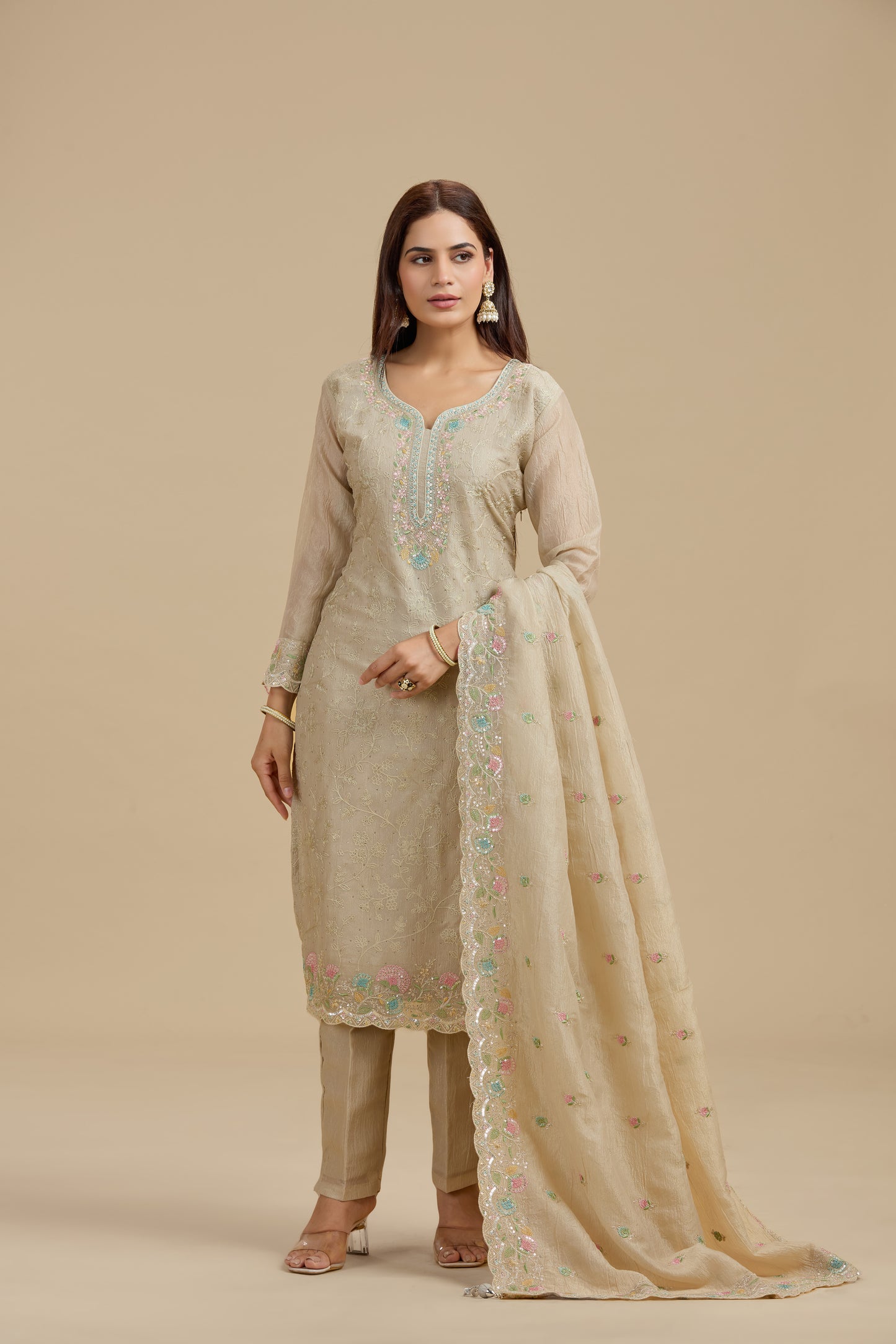 Beige Tissue Suit Set with Sequins, Thread Work, Swarovski & Zari Work