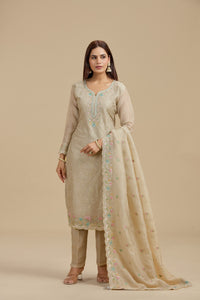 Beige Tissue Suit Set with Sequins, Thread Work, Swarovski & Zari Work