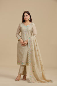 Beige Tissue Suit Set with Sequins, Thread Work, Swarovski & Zari Work