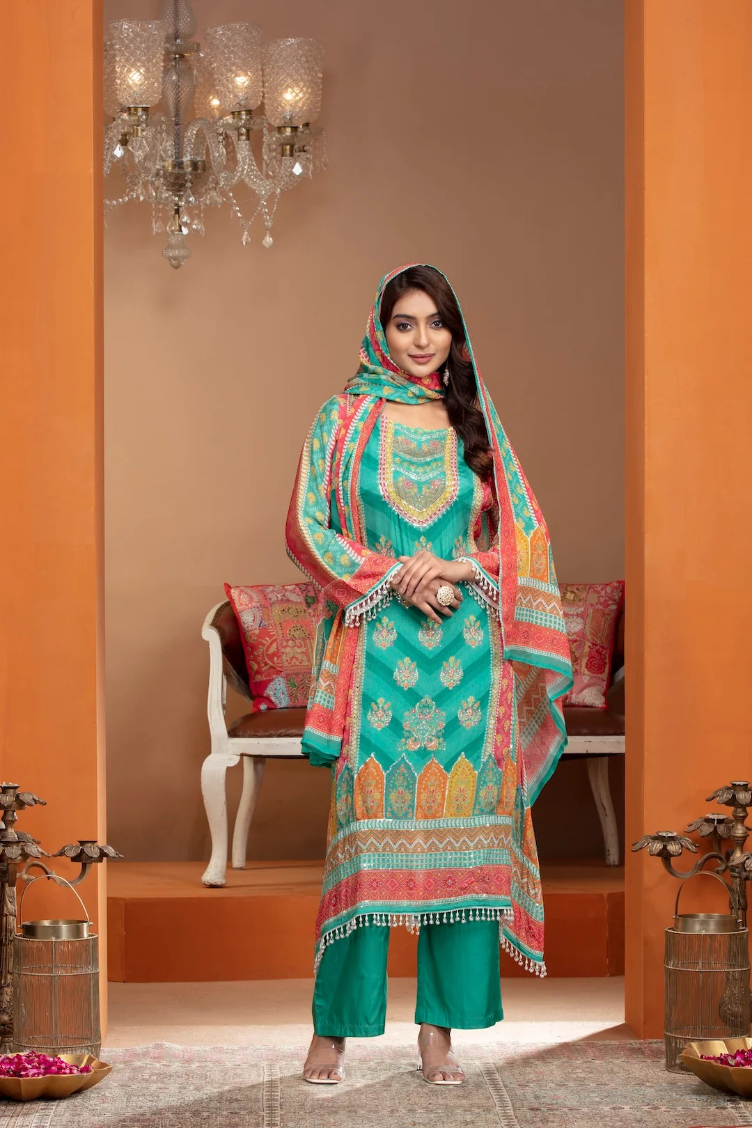 Green Chinnon Kurta Set with Sequin and Stone Embellishments