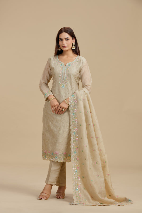 Beige Tissue Suit Set with Sequins, Thread Work, Swarovski & Zari Work