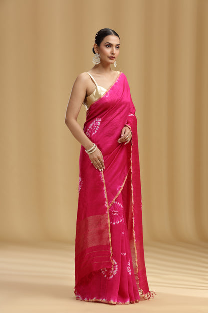 Rani Pink Raw Silk Saree with Batik Print and Unstitched Blouse