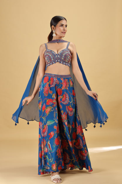 Blue Raw Silk Suit Set with Mirror, Sequins & Pearl Work