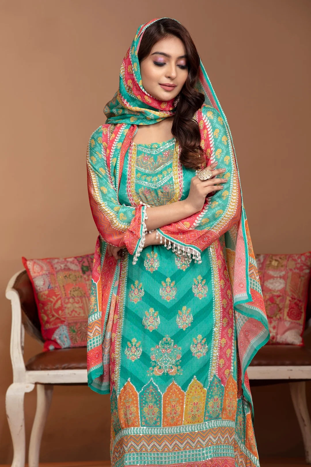 Green Chinnon Kurta Set with Sequin and Stone Embellishments