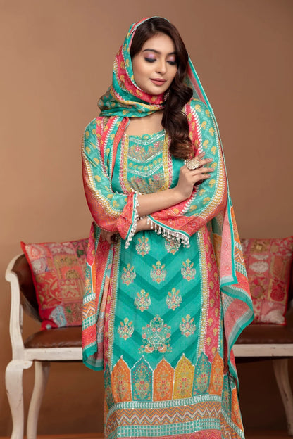 Green Chinnon Kurta Set with Sequin and Stone Embellishments