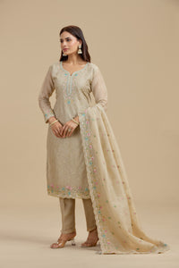 Beige Tissue Suit Set with Sequins, Thread Work, Swarovski & Zari Work