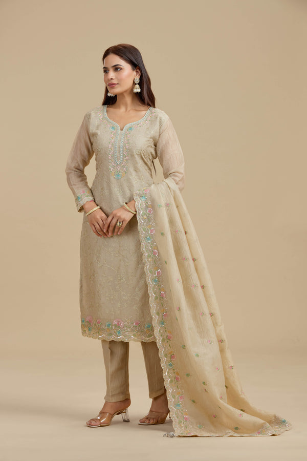 Beige Tissue Suit Set with Sequins, Thread Work, Swarovski & Zari Work