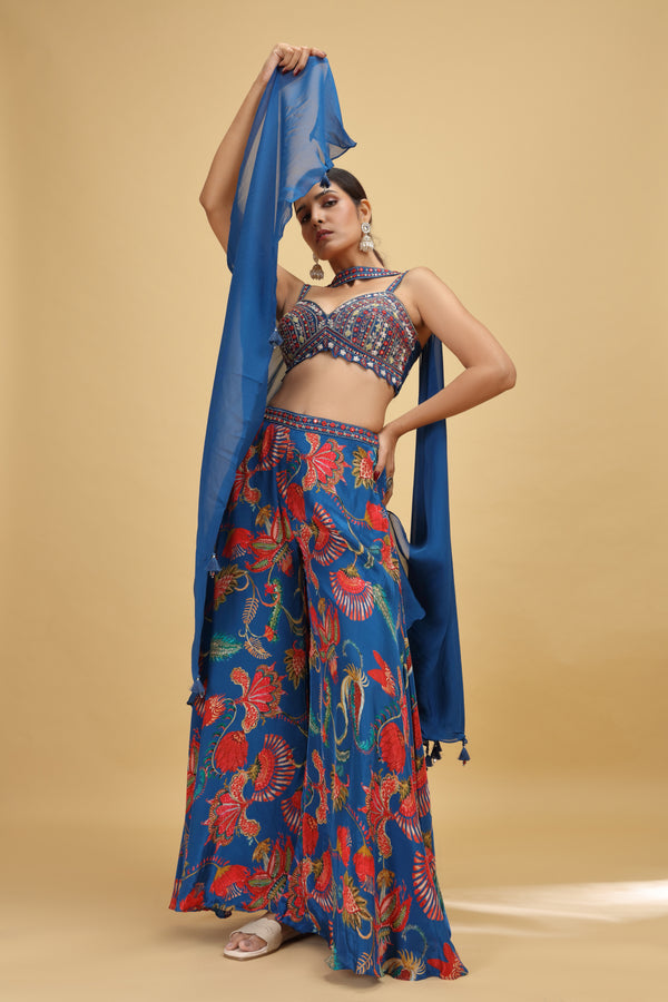 Blue Raw Silk Suit Set with Mirror, Sequins & Pearl Work