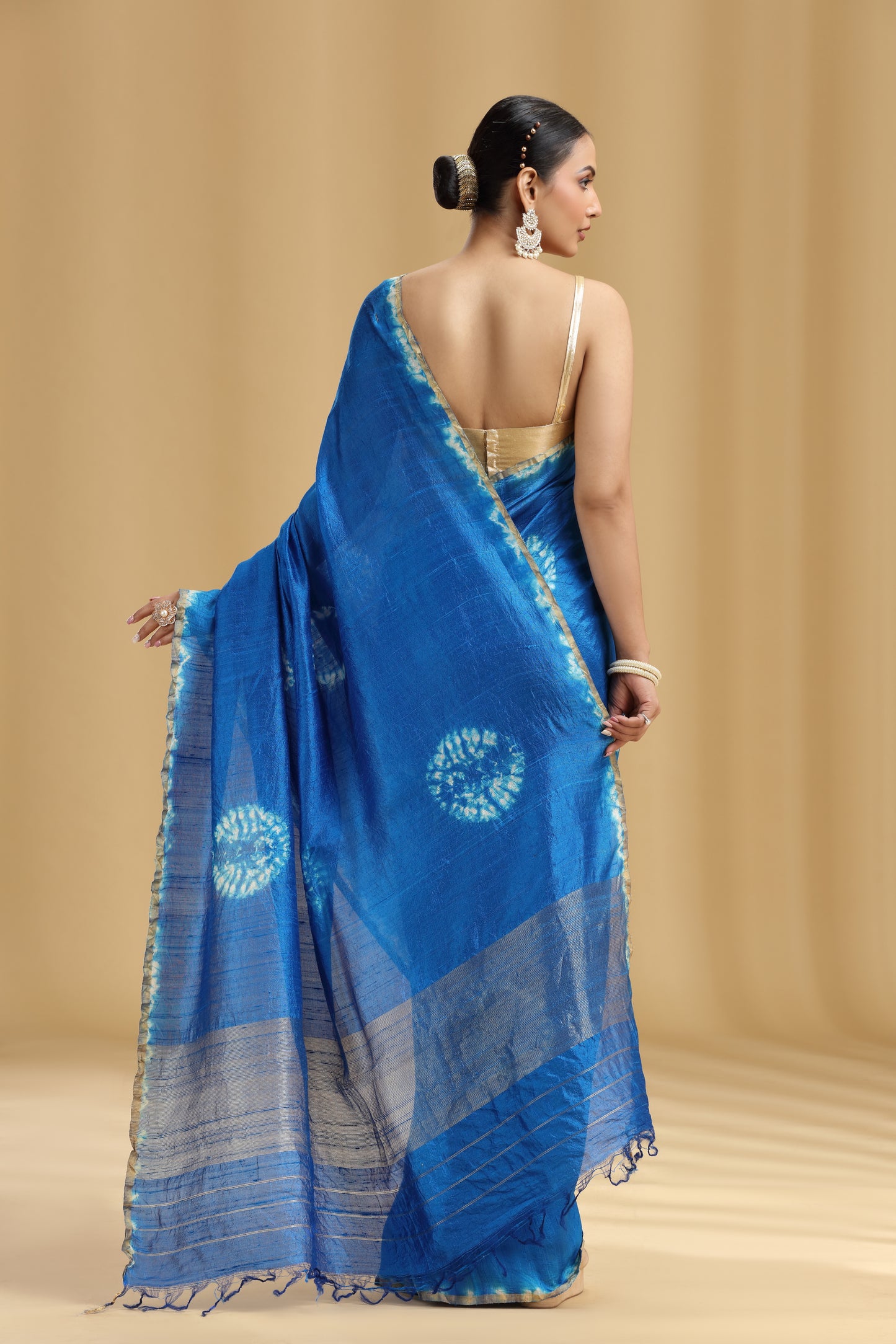 Royal Blue Dola Silk Batik Print Saree (Unstitched)