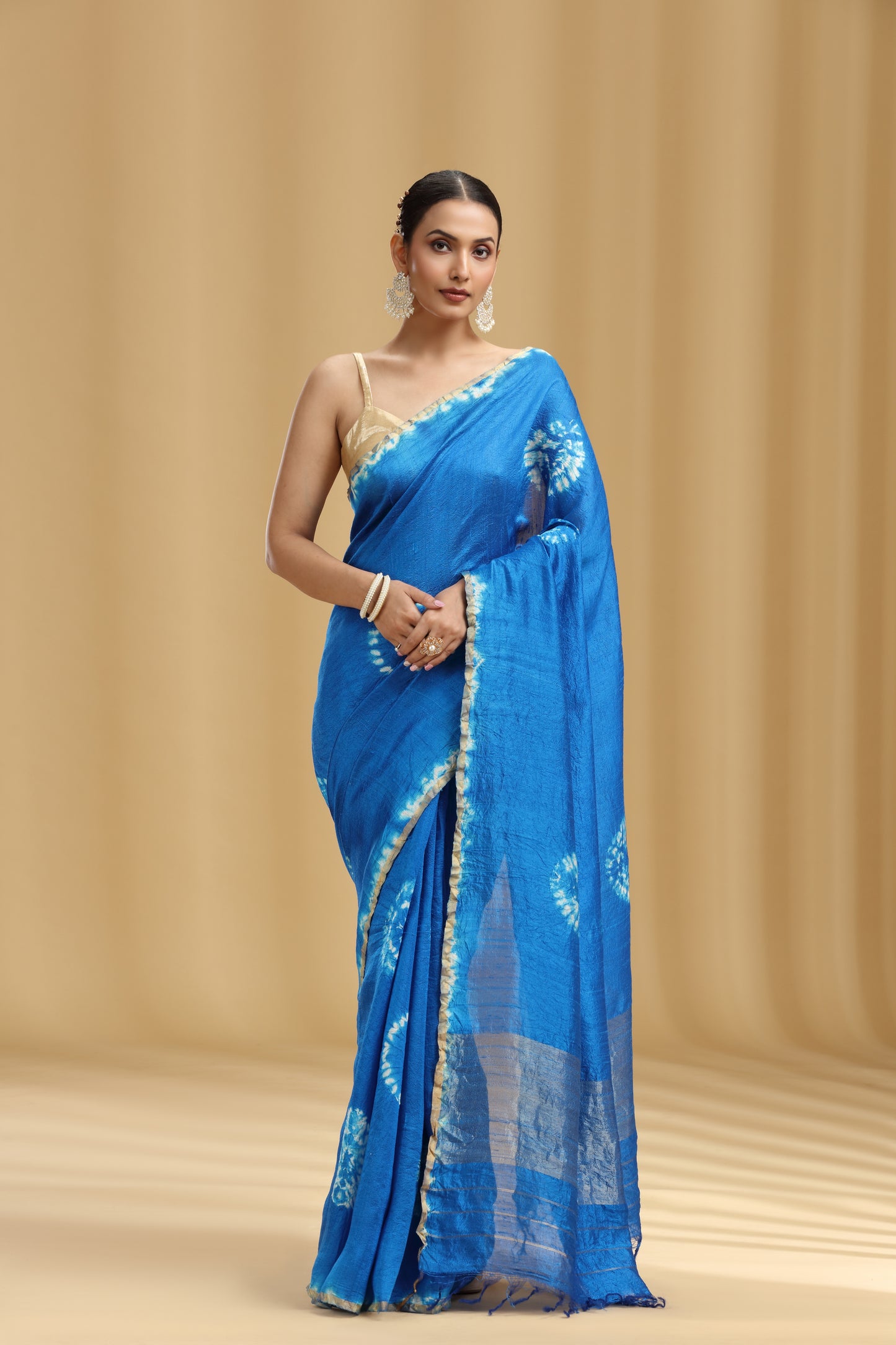 Royal Blue Dola Silk Batik Print Saree (Unstitched)