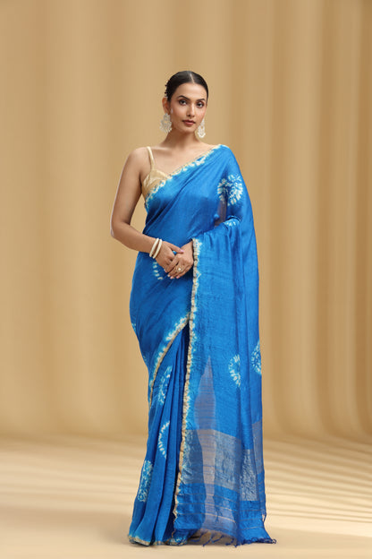Royal Blue Dola Silk Batik Print Saree (Unstitched)