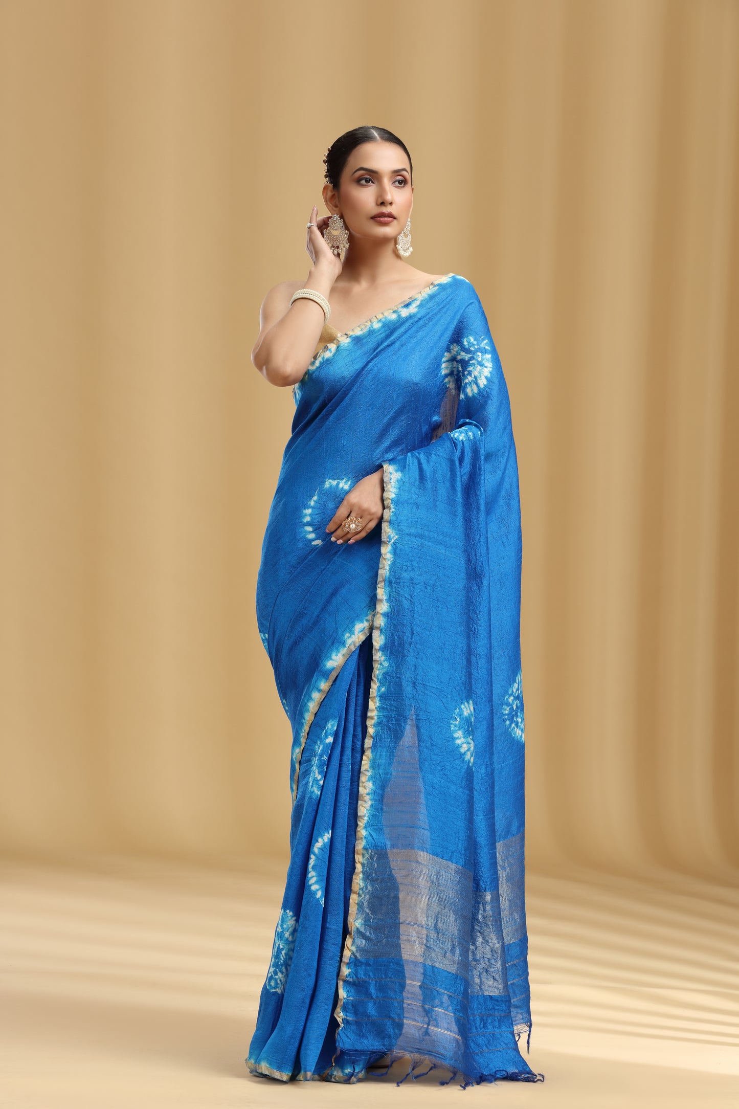 Royal Blue Dola Silk Batik Print Saree (Unstitched)