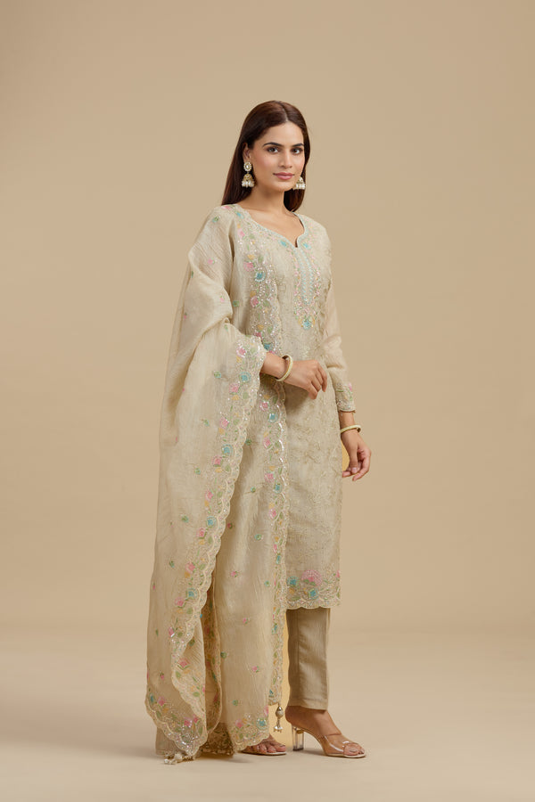 Beige Tissue Suit Set with Sequins, Thread Work, Swarovski & Zari Work