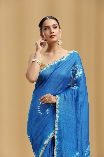 Royal Blue Dola Silk Batik Print Saree (Unstitched)
