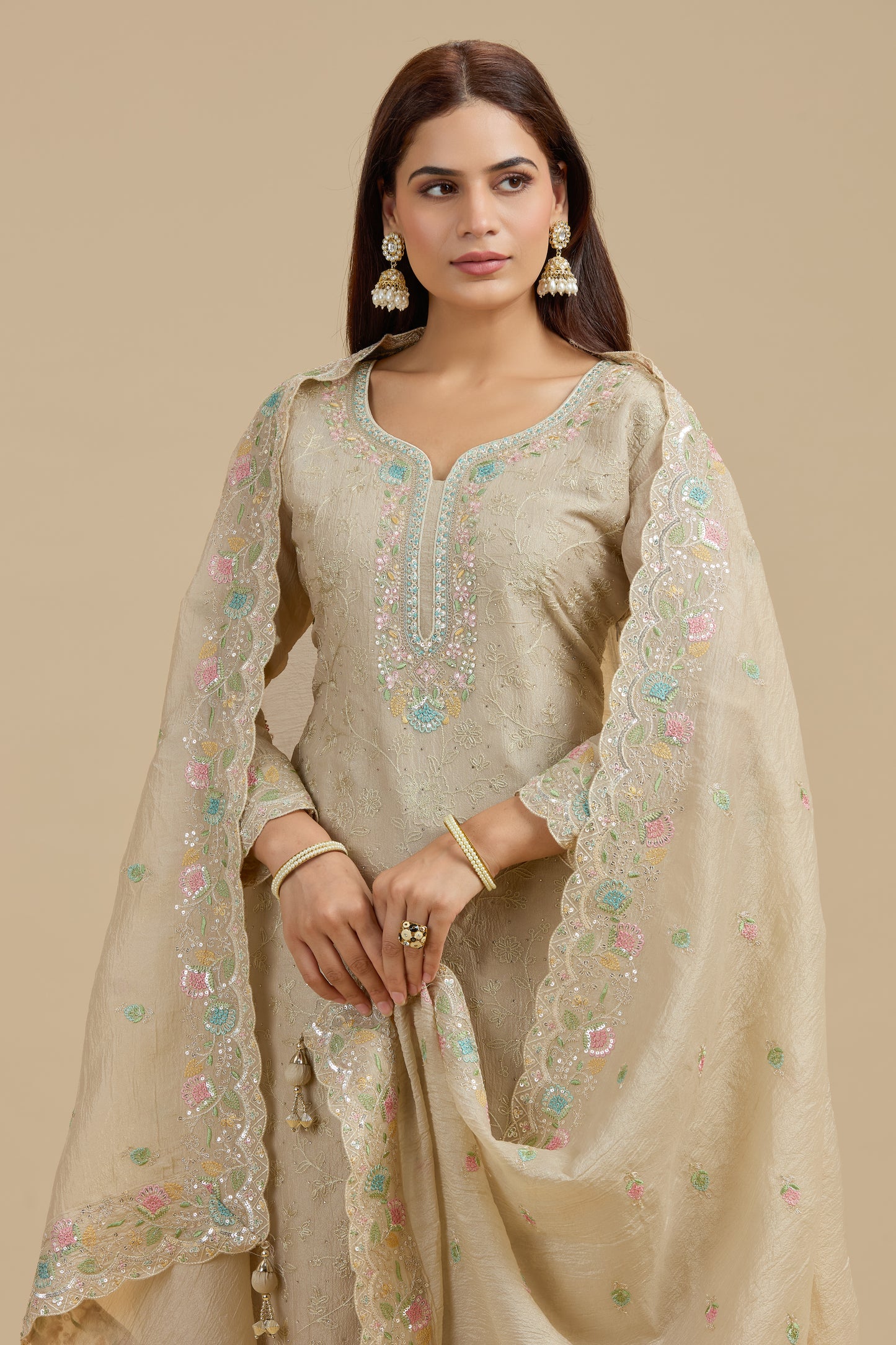 Beige Tissue Suit Set with Sequins, Thread Work, Swarovski & Zari Work