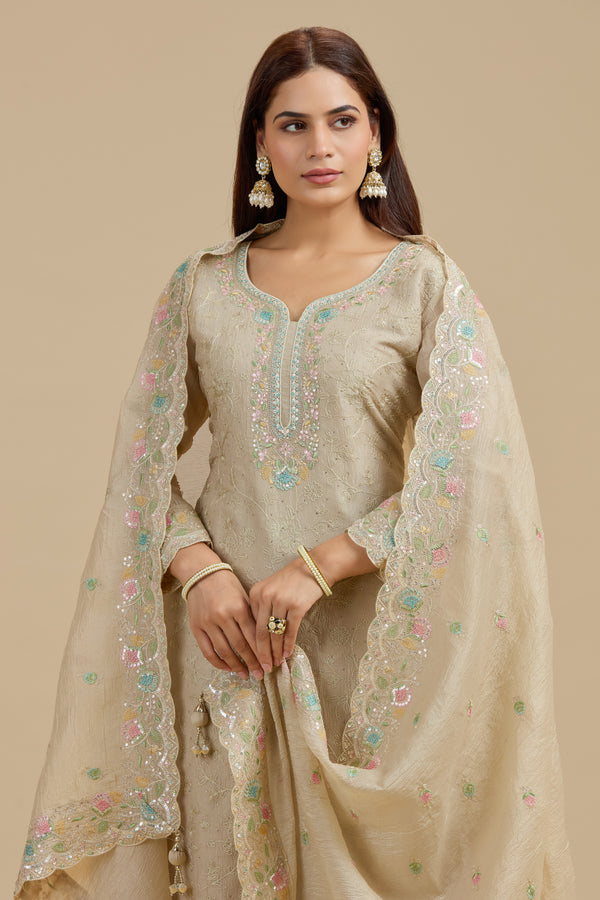 Beige Tissue Suit Set with Sequins, Thread Work, Swarovski & Zari Work