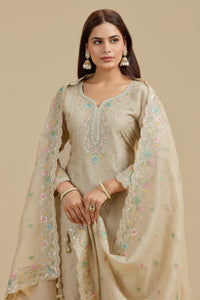 Beige Tissue Suit Set with Sequins, Thread Work, Swarovski & Zari Work