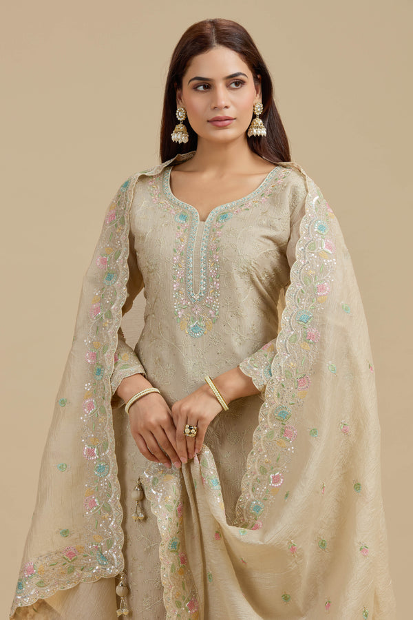 Beige Tissue Suit Set with Sequins, Thread Work, Swarovski & Zari Work