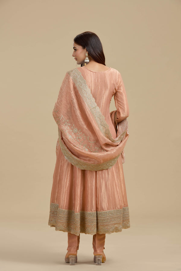 Peach Tissue Organza Suit Set with Sequins, Stone & Zari Work