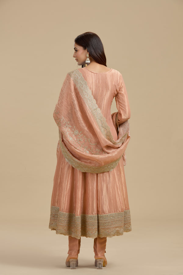 Peach Tissue Organza Suit Set with Sequins, Stone & Zari Work