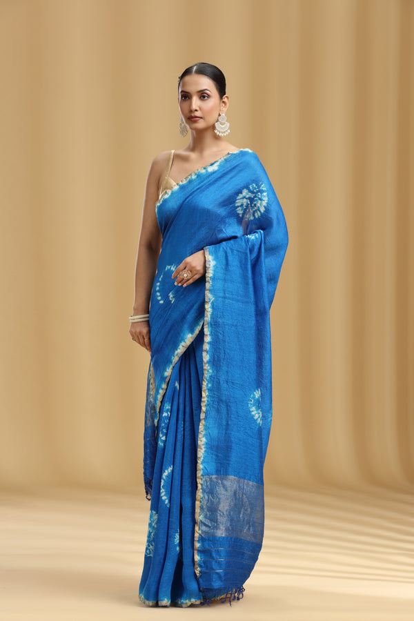 Royal Blue Dola Silk Batik Print Saree (Unstitched)