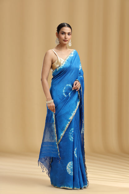 Royal Blue Dola Silk Batik Print Saree (Unstitched)