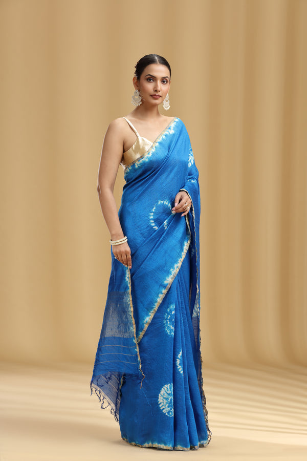 Royal Blue Dola Silk Batik Print Saree (Unstitched)