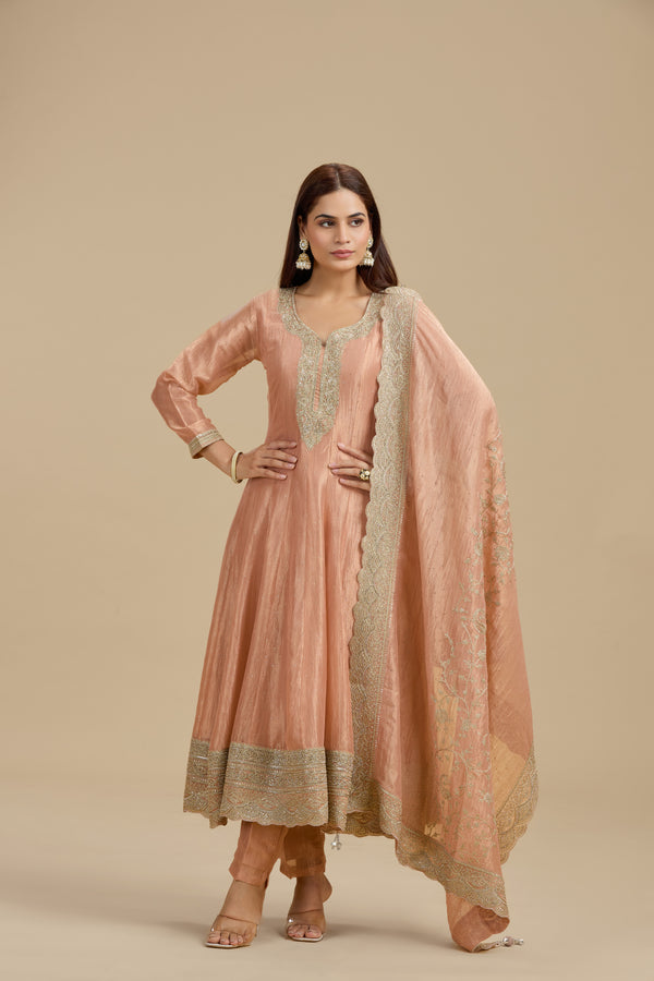 Peach Tissue Organza Suit Set with Sequins, Stone & Zari Work
