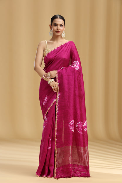 Magenta Dola Silk Batik Print Saree (Unstitched)