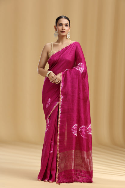 Magenta Dola Silk Batik Print Saree (Unstitched)
