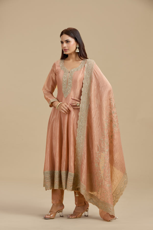 Peach Tissue Organza Suit Set with Sequins, Stone & Zari Work
