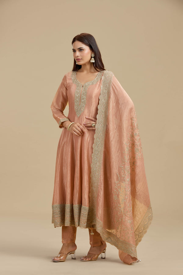 Peach Tissue Organza Suit Set with Sequins, Stone & Zari Work
