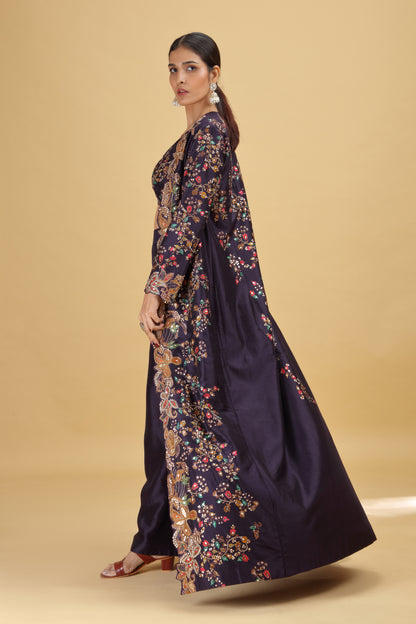 Dark Purple Dola Silk Suit Set with Abla, Moti & Sequins
