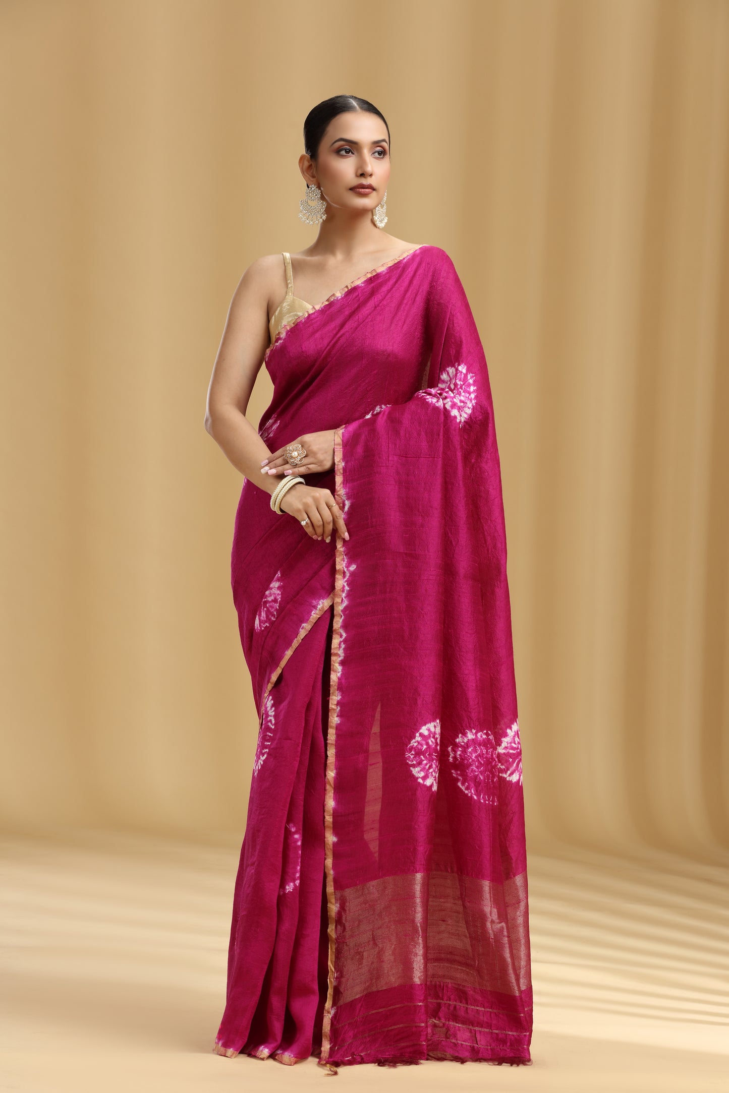 Magenta Dola Silk Batik Print Saree (Unstitched)