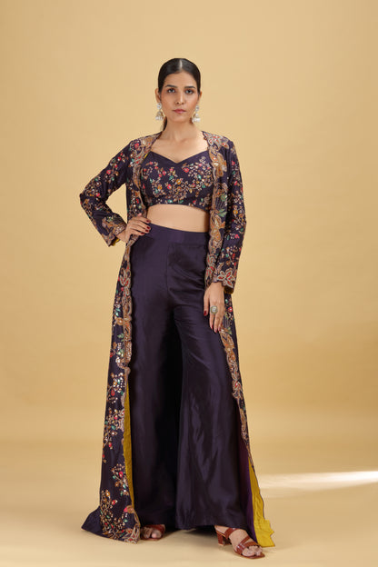 Dark Purple Dola Silk Suit Set with Abla, Moti & Sequins