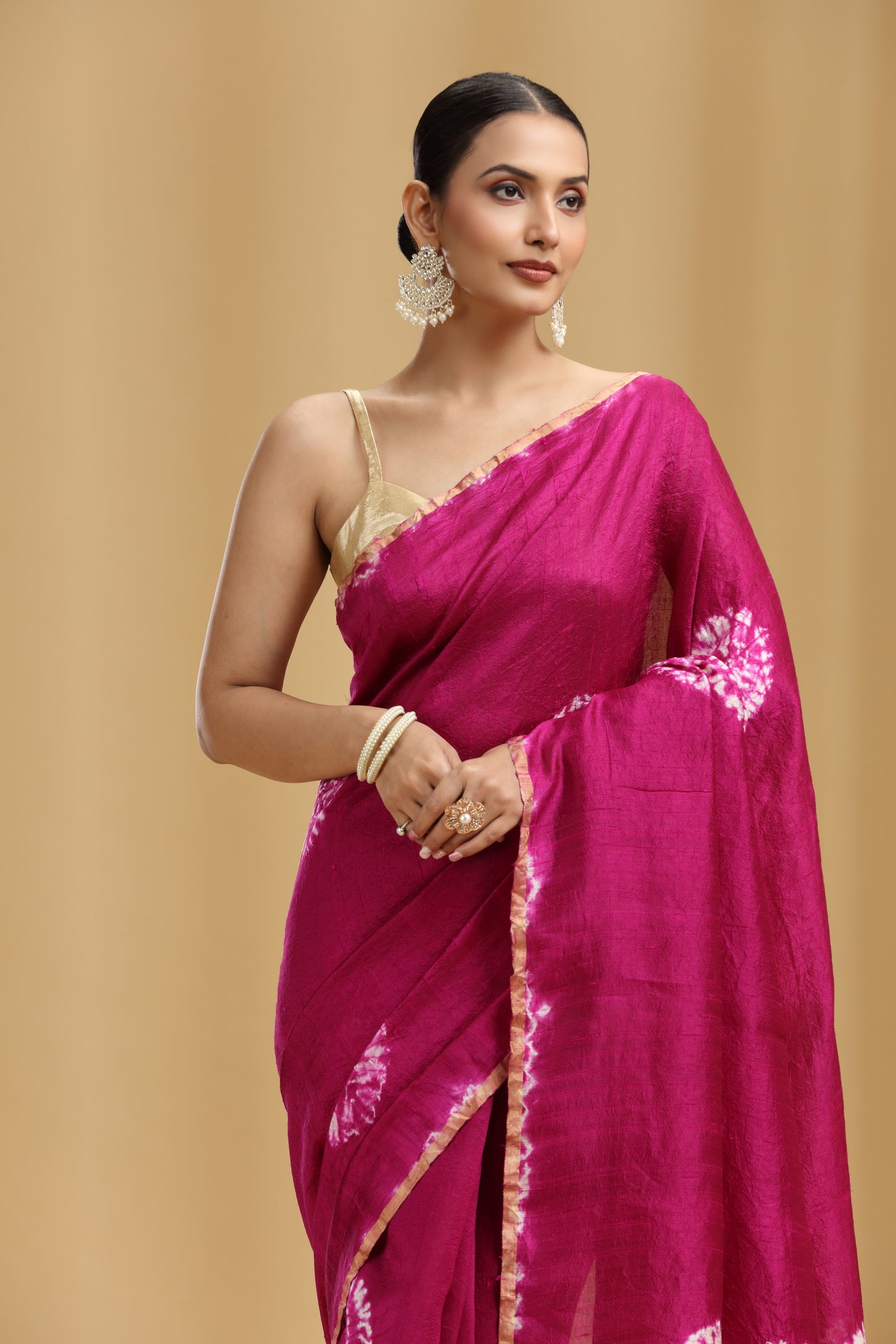 Magenta Dola Silk Batik Print Saree (Unstitched)