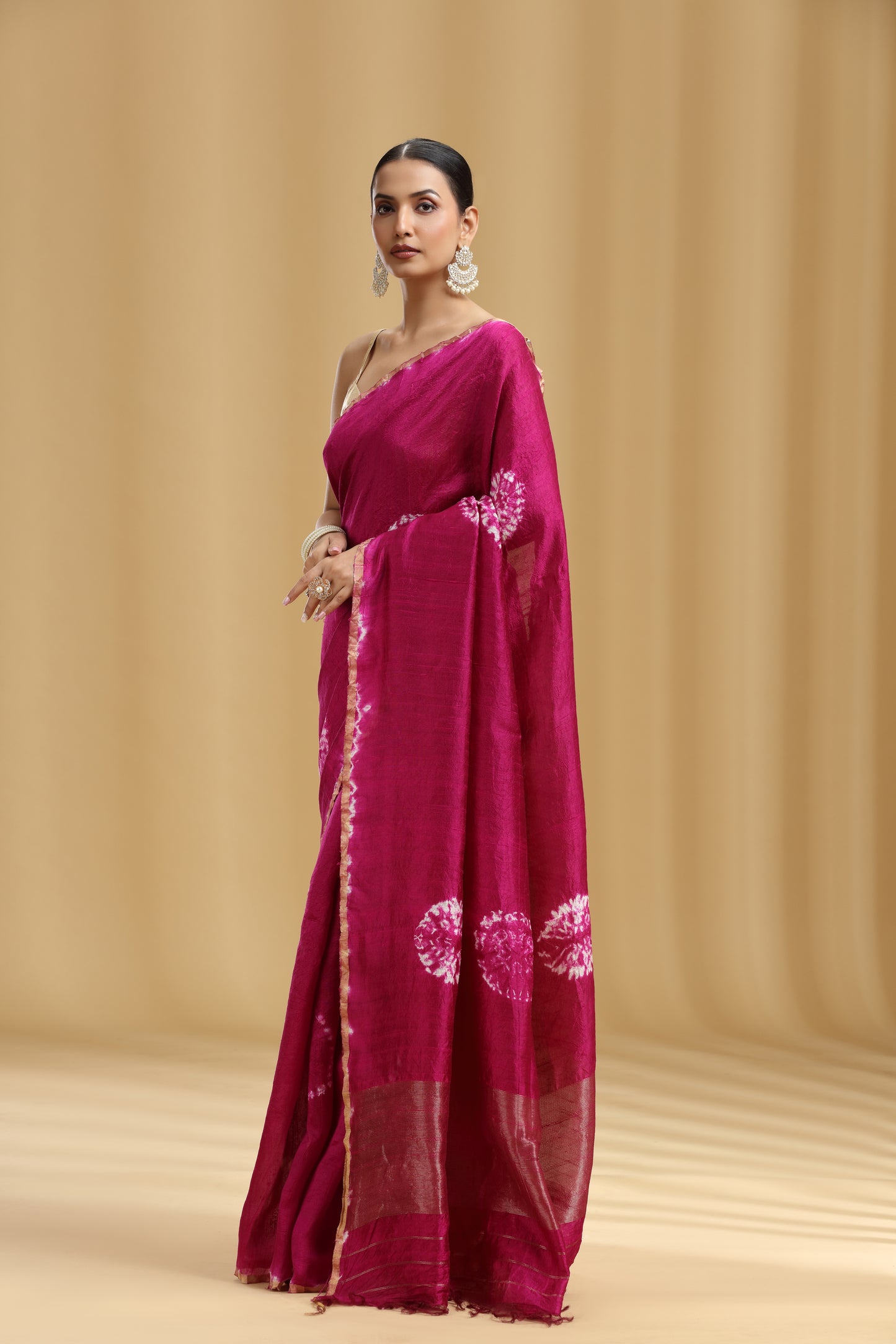 Magenta Dola Silk Batik Print Saree (Unstitched)