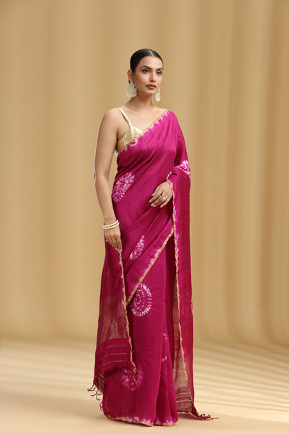 Magenta Dola Silk Batik Print Saree (Unstitched)