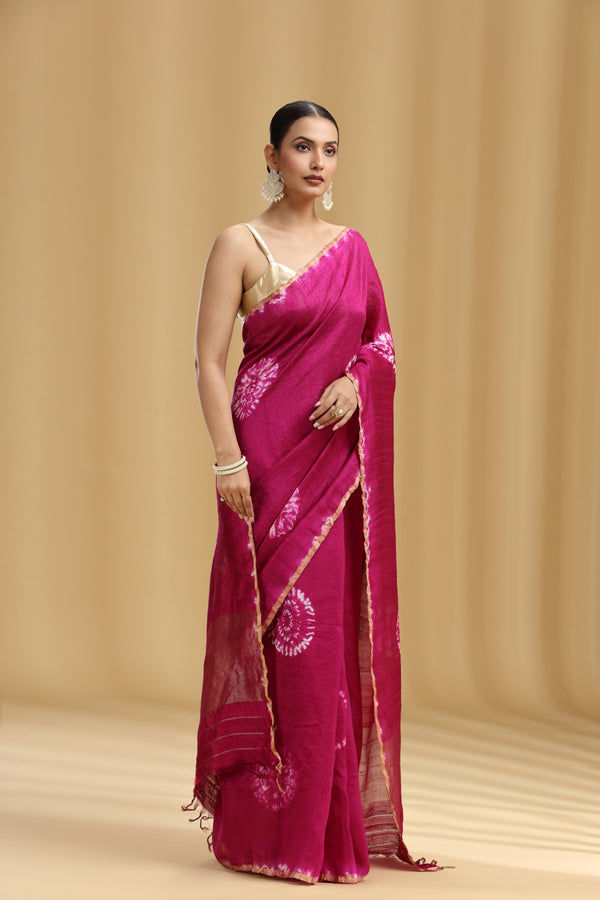Magenta Dola Silk Batik Print Saree (Unstitched)