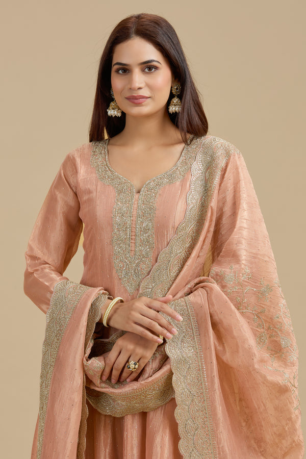 Peach Tissue Organza Suit Set with Sequins, Stone & Zari Work