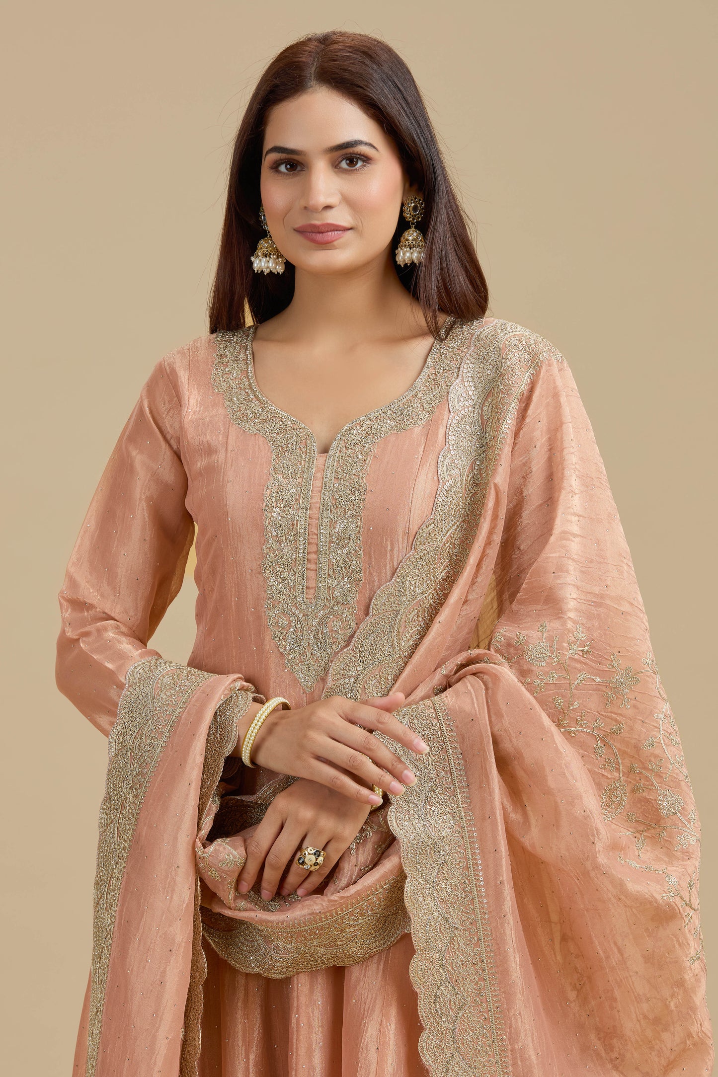 Peach Tissue Organza Suit Set with Sequins, Stone & Zari Work