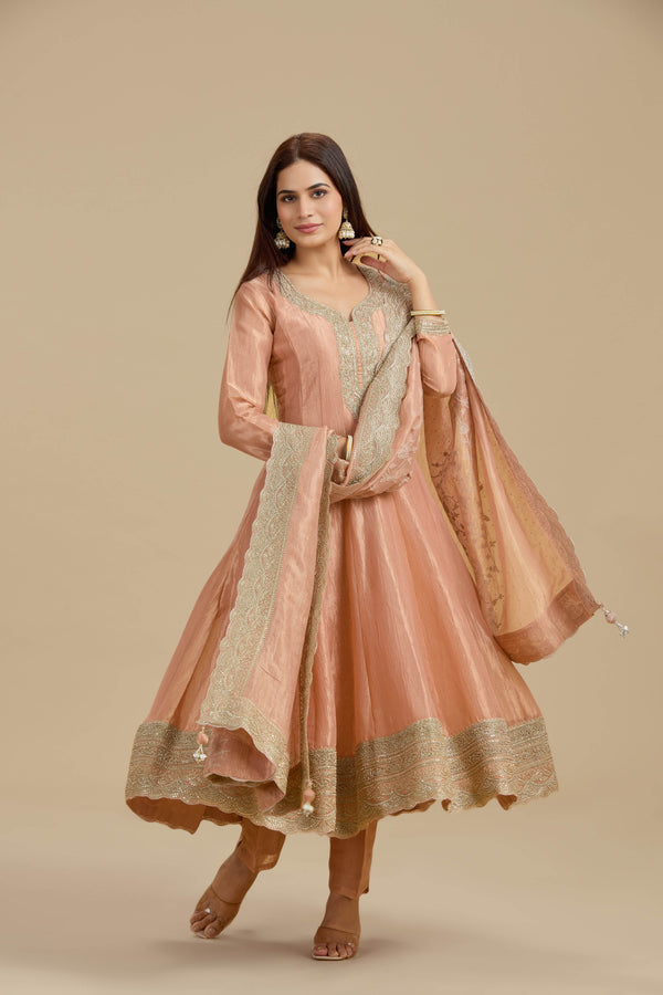 Peach Tissue Organza Suit Set with Sequins, Stone & Zari Work