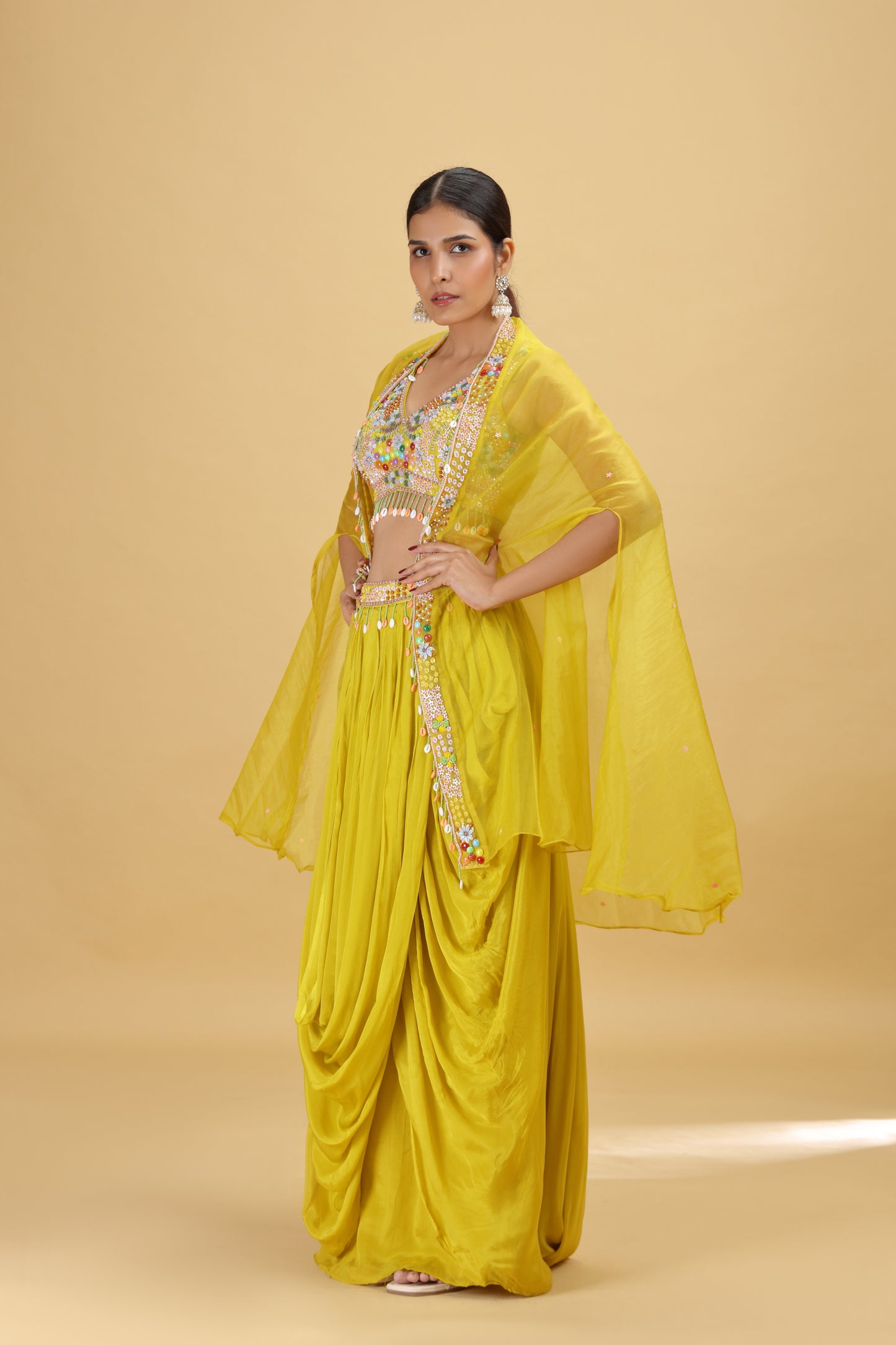 Lime Raw Silk Suit Set with Organza Dupatta & Abla Work