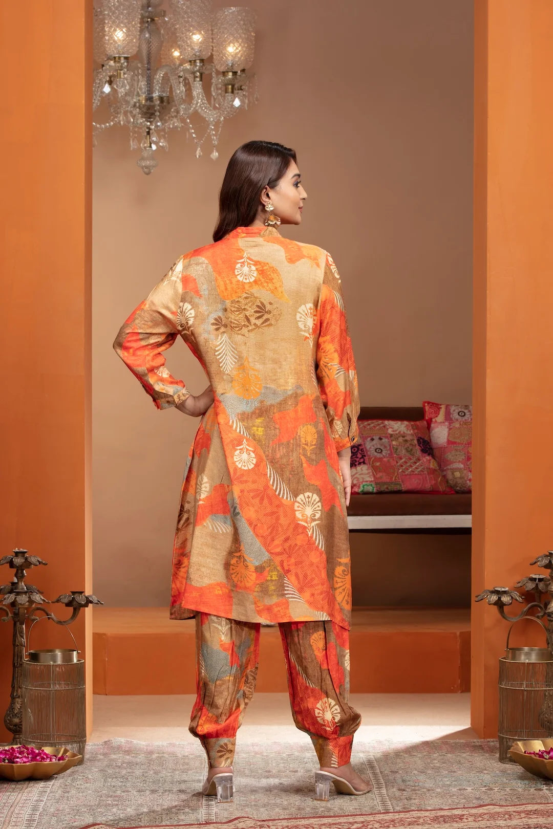Multicolor Crepe Kurta Set with Pearl Accents and Artistic Prints
