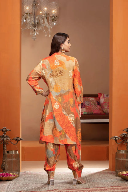 Multicolor Crepe Kurta Set with Pearl Accents and Artistic Prints