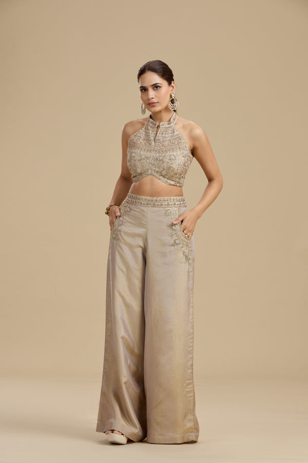 Bronze Gold Tissue Suit Set with Cutdana, Zari & Zardosi Work