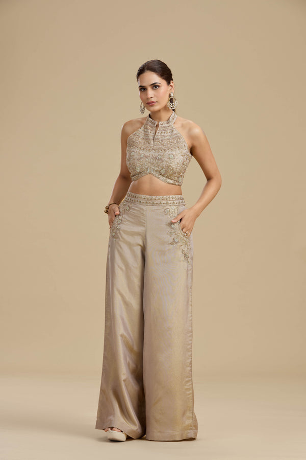 Bronze Gold Tissue Suit Set with Cutdana, Zari & Zardosi Work