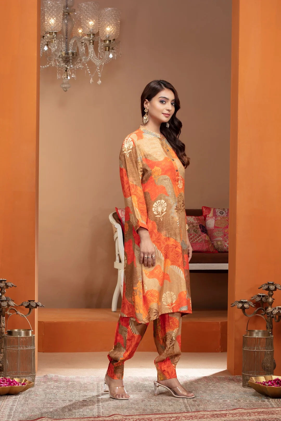 Multicolor Crepe Kurta Set with Pearl Accents and Artistic Prints